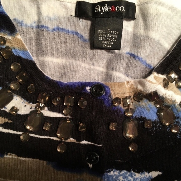 STYLE & CO. Spring Summer Cardigan, JEWELED, Blue/Black/Tan, 3/4 Sleeve, Size L - Picture 9 of 9